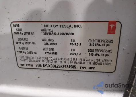 2019 Tesla Model X 100D/75D/Long Range/Standard Range z USA, uszkodzony, nr VIN 5YJXCDE26KF184985